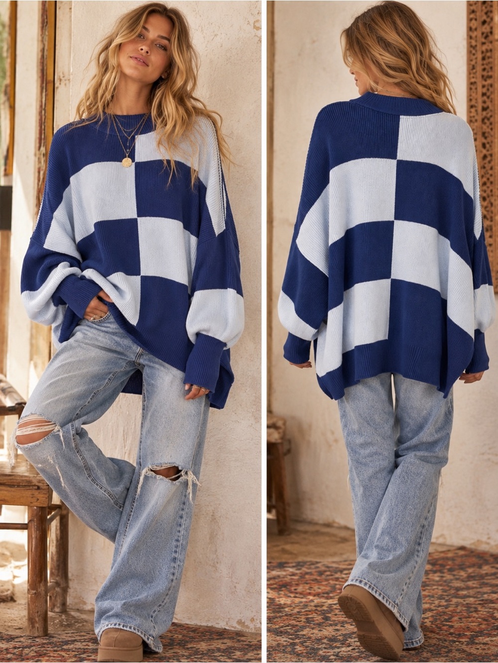Free People Checker Easy Street Tunic Sweater in Blueprint Combo size Small